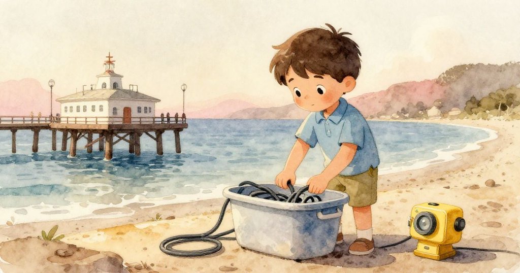 米洛在夕陽下整理電纜和小黃攝影機，背景有波光粼粼的海面與碼頭，神情專注準備探險