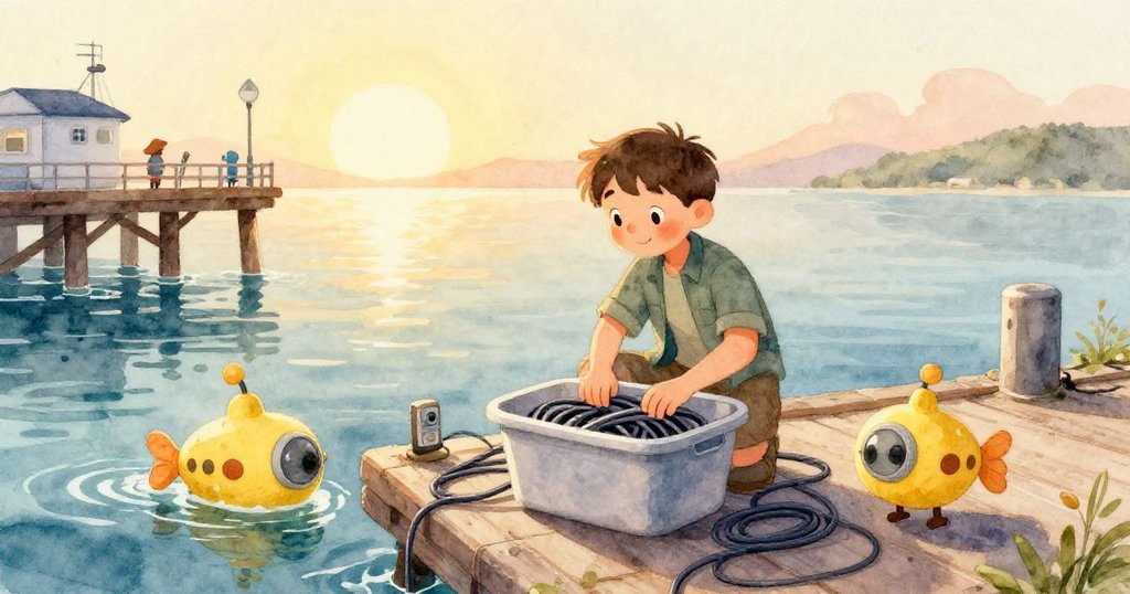 潛水攝影機在水中傾斜穿行，帶動沙粒飛揚與朦朧珊瑚群，營造出神秘動感的水下世界