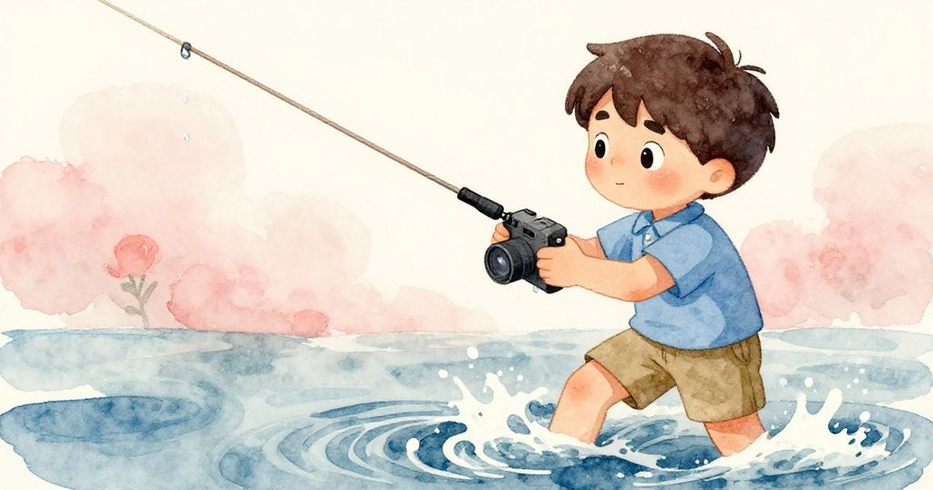 米洛果斷拉扯繩線，水珠飛濺，專注調整攝影機角度，捕捉珊瑚美麗景象的決斷時刻