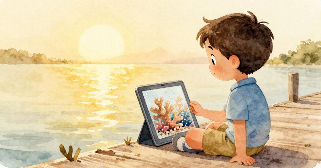 米洛靜坐於碼頭邊，注視平板上清晰珊瑚畫面，水滴反射金色夕陽，表情既滿足又沉思