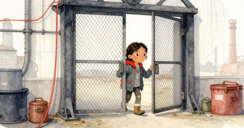 萊娜走進貨倉的升降梯，攜帶橙色電纜，門口充滿晨曦與機械氛圍，她神情堅定。