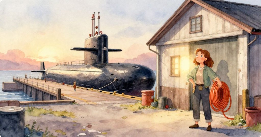 萊娜的手緊握橙色電纜，背景顯示古董操控面板，象徵希望與決心，細緻刻畫工業質感。