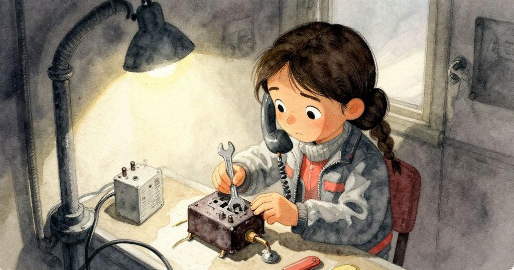 從上方俯瞰，萊娜在狹窄升降梯內用扳手修理燒焦控制器，燈光昏暗中展現專注神情與工業細節。