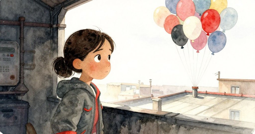 萊娜從黑暗升降梯中走出，一側呈現工業機械內部，另一側展現明亮屋頂上半充氣節日氣球，對比鮮明。