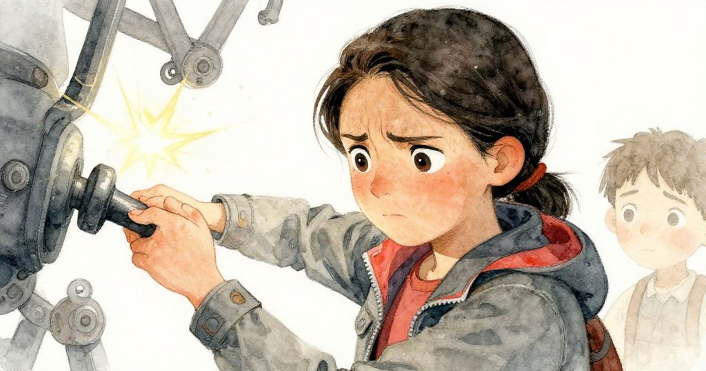 萊娜面部特寫，顯露出困惑與堅定情感，同時按壓杠桿，背景中透出微光與機器細節，情緒強烈。