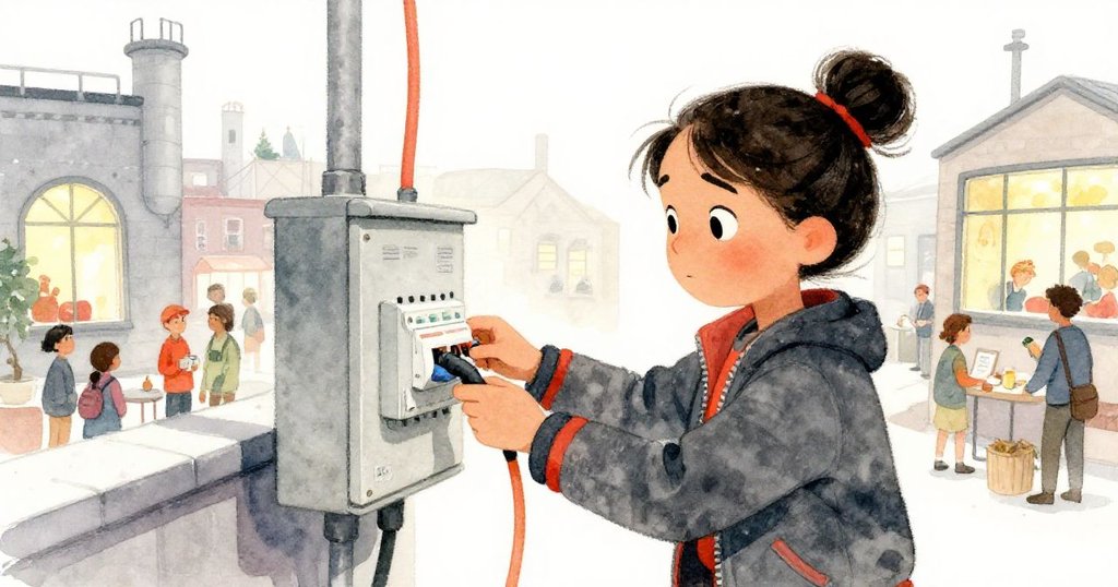 萊娜在屋頂上插入橙色電纜，志工忙碌於旁，博物館燈光閃爍，展現完成修復後的喜悅與活力。