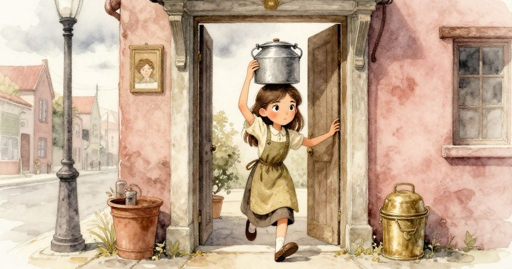 米拉走出家門，踏上晨曦中的街道，肩挑大鍋展現果敢，背景呈現厚重雲層與溫暖都市氣息。