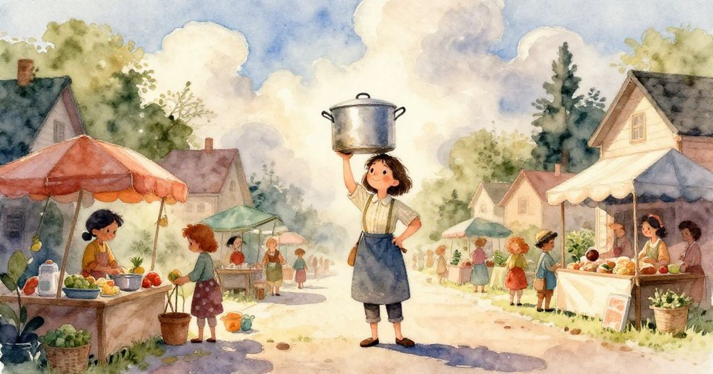 米拉在陽台下用硬幣調整大鍋鉸釘，鍋中菜碎與湯汁細節豐富，展現故事中努力的瞬間。