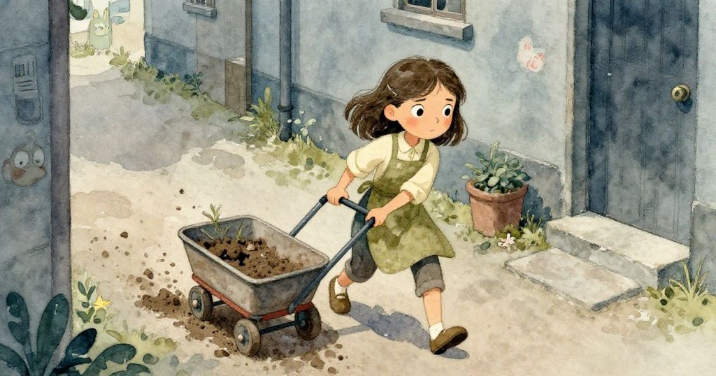 高角度畫面中米拉在狹窄巷弄裡奮力拖拉卡住的推車，面露急切與堅定，周遭泥濘細節豐富。