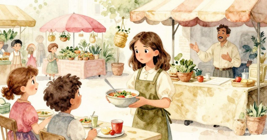 米拉抵達熱鬧市集廣場，旁邊園藝倡導者演講，評審細看湯中蔬菜飛舞，氛圍充滿驚喜與慶祝。