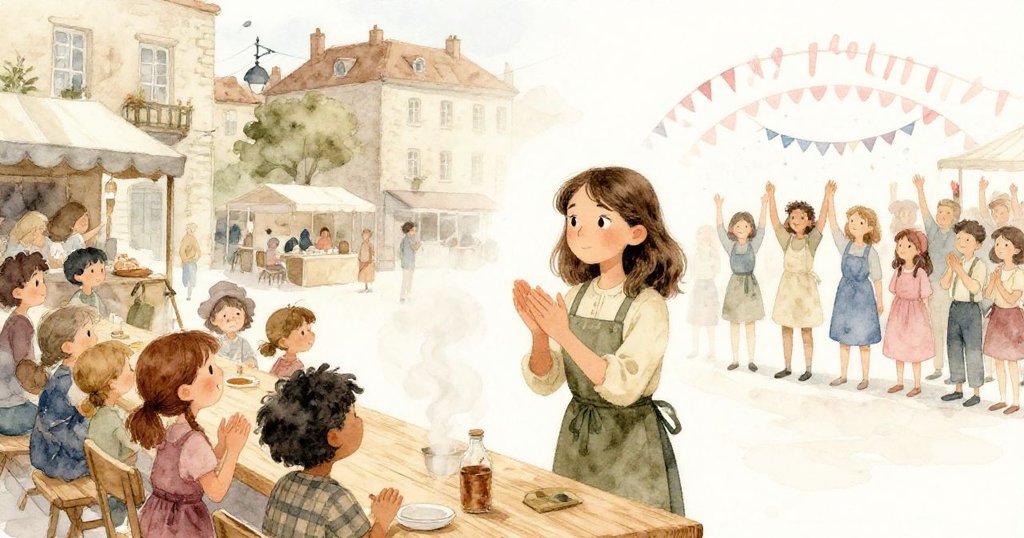 最終場景中米拉站於木桌前笑迎掌聲，蒸氣飄散、市集背景映襯挑戰後慶祝，充滿溫馨與圓滿情懷。