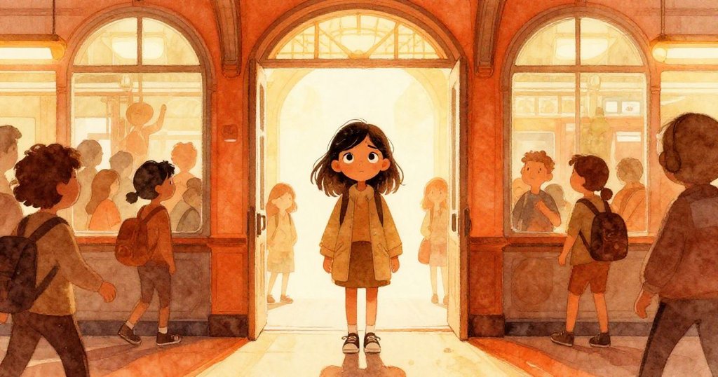 Maya身影在明亮火車站出口穿行,拱門和人群襯托出她堅定而溫暖的神情,展現繁忙氛圍。