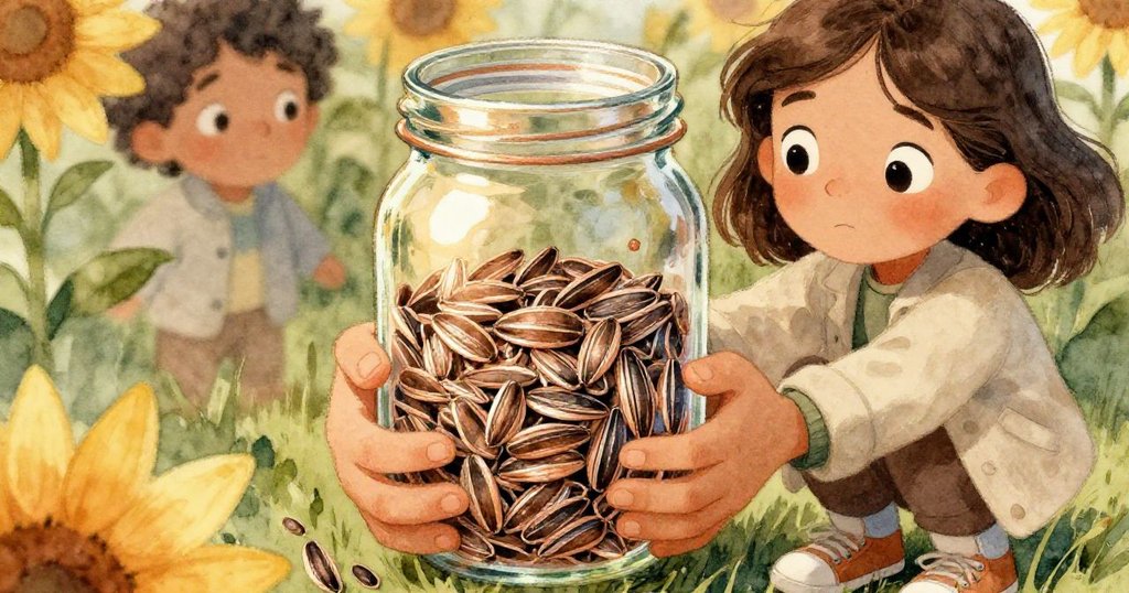 Maya專注握持著充滿向日葵種子的玻璃瓶,陽光映出閃爍光芒,手部動作展現堅定與溫情。