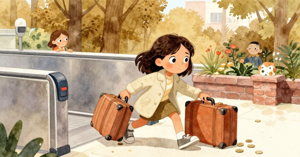 Maya靈巧穿越行李與人潮,靠近轉閘處環境中散落硬幣與柔和綠意映襯她堅定步伐。