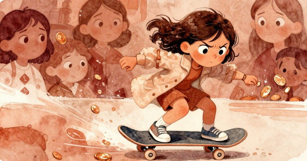 Maya急速側身躲過滑板,一邊緊急撿拾最後一枚閃亮銅幣,臉上流露出緊張與堅定神情。