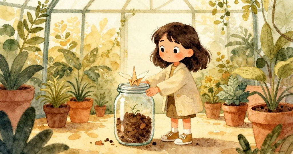 Maya在植物溫室前溫柔放下玻璃瓶,瓶上紙鶴展翅,環境和諧柔和,展現完成使命的靜謐微笑。