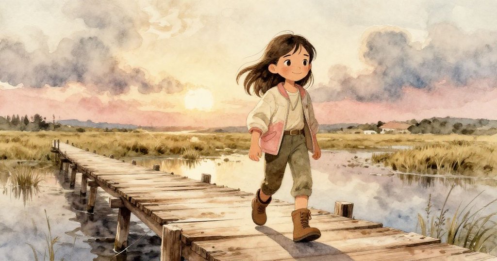 Mira穿著輕便外套提著相機包勇敢踏上破舊木橋，夕陽灰藍映照下充滿好奇與期待，探險的序幕已啟。