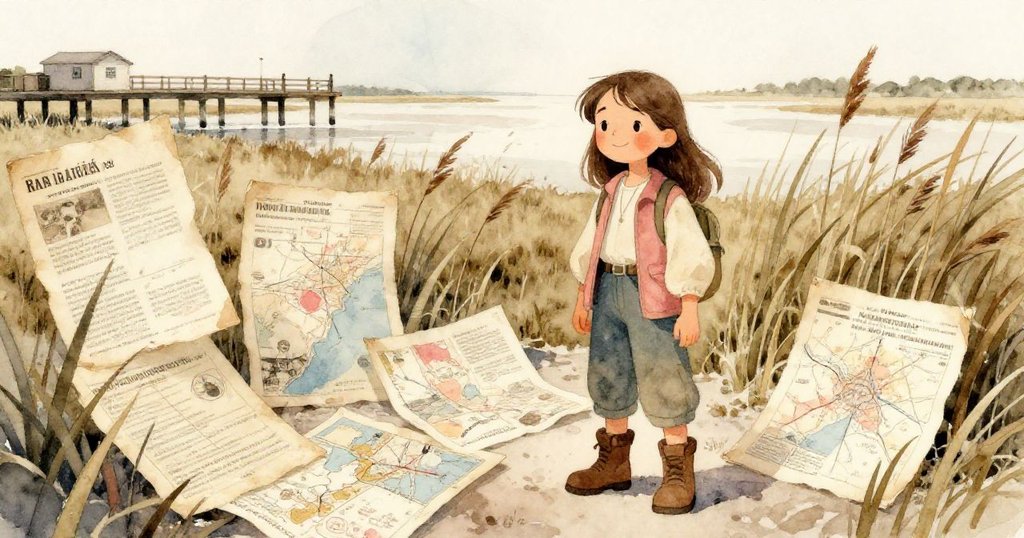 Mira注意到風吹拂下翻動的老冊子與滑落的地圖，古樸歷史在潮濕邊緣迴盪，充滿好奇探索的心情。