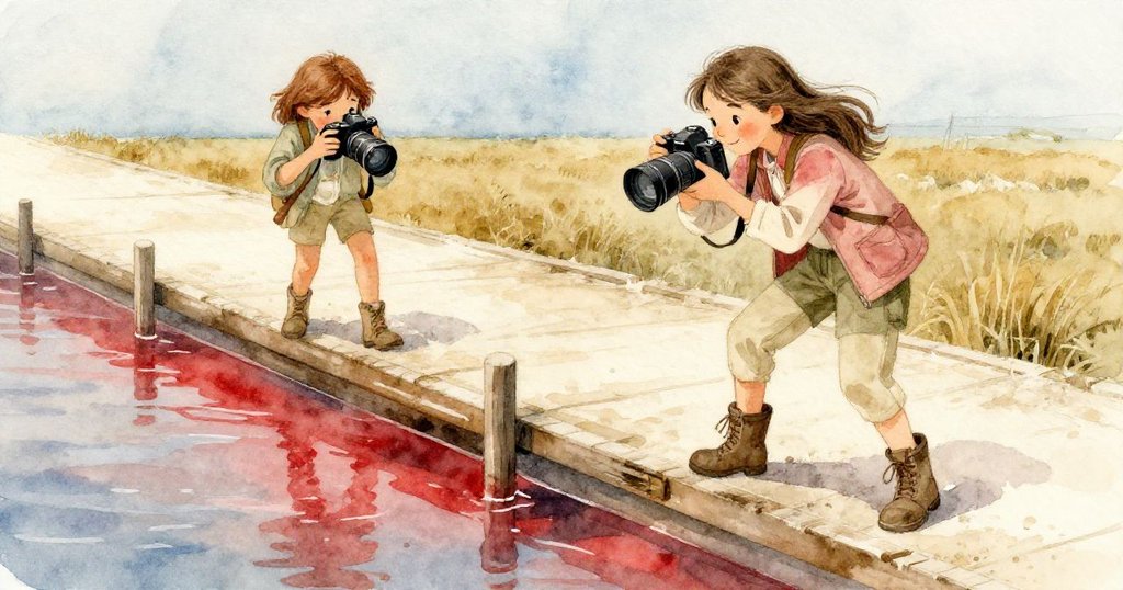 Mira與另一攝影師在紅色倒影水池旁小心避讓，夕陽光芒映照中流露出專注與默契，情境充滿詩意。