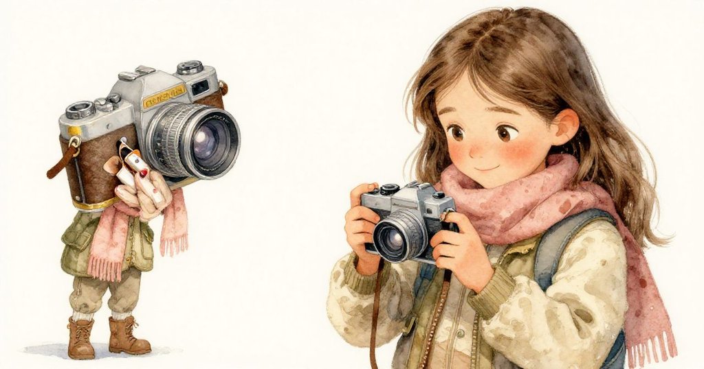 Mira近距檢查相機閃爍的電池圖標，臉上透露擔憂與決心，圍巾輕包著舊電池，細膩情感映現。