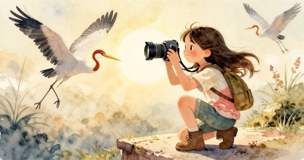 Mira蹲於觀景台上用相機捕捉起飛的白鷺，背後金色夕陽映襯出自然美景與專注堅定的情懷。