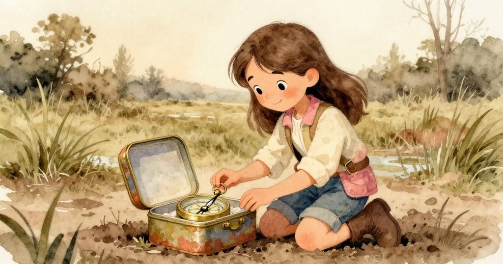 Mira蹣跚進入泥濘中發現舊錫盒，盒蓋微啜間露出閃光銹指南針，驚喜與未完冒險呼之欲出。