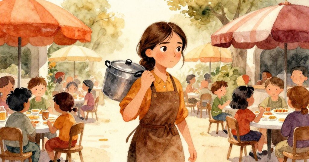 克拉拉清晨正扛著金屬鍋穿過條紋棚下的古老院子,呈現溫暖明亮的忙碌前寧靜與堅定決心。