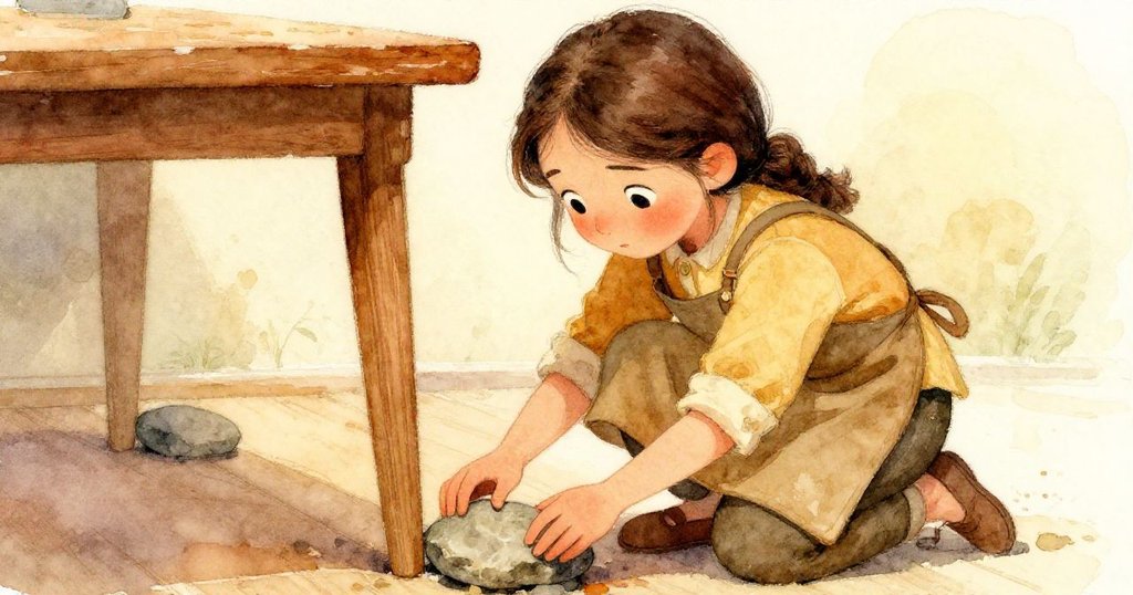 克拉拉蹲下專注於將扁石穩固老舊桌腿,背景斑駁磚牆映出溫暖歷史氣息,細膩動作充滿認真態度。