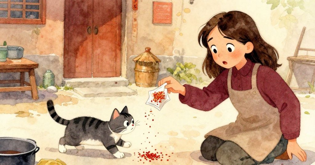 Clara正專注時,一隻流浪貓輕輕擦過導致紙包飛散,紅辣椒碎撒入鍋中,動態畫面展現意外驚訝。