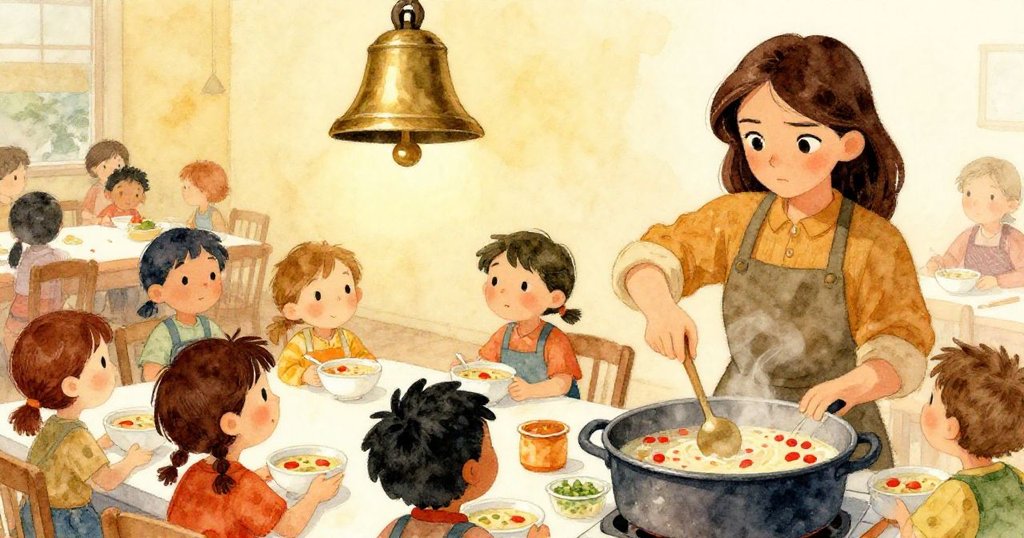 正午鐘聲響起,孩子們興奮迎接第一勺湯,Clara忙於攪湯中紅火花,熱鬧場面充滿暖意活力。