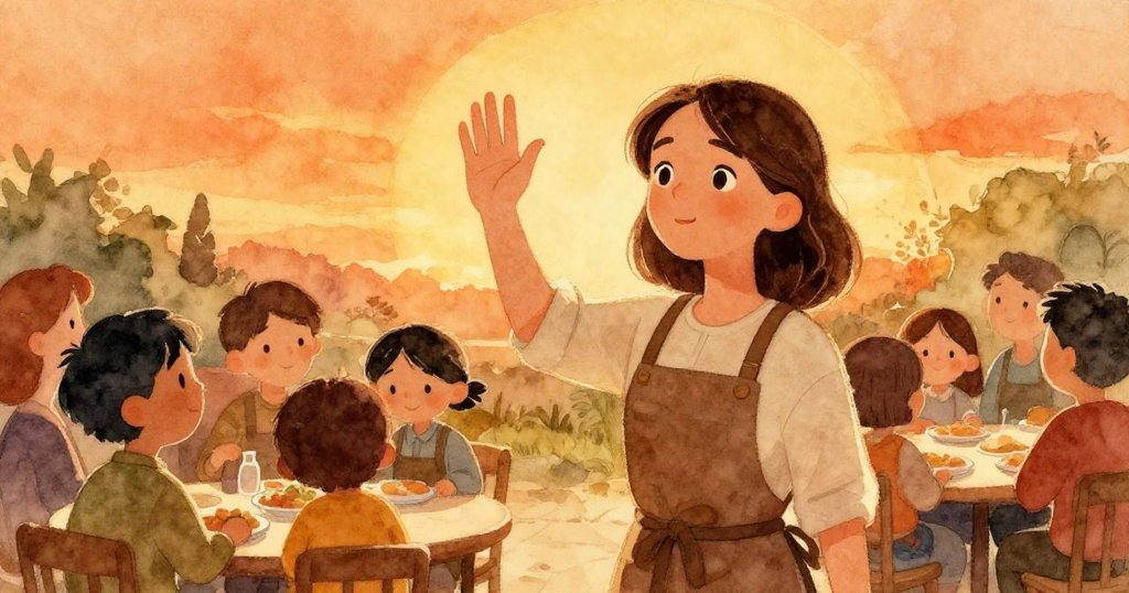 Clara在夕陽下滿懷成就感向群眾揮手告別,院子中人們低語歡笑,溫馨寧靜中結束忙碌一天。