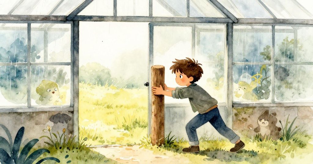 雨中的綠房前，伊桑輪廓分明推進進門，他滿懷期待開始新的豆架挑戰，雨滴點綴背景，展露堅定精神。