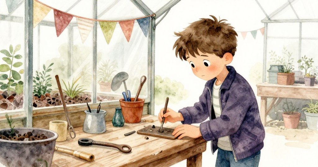 伊桑聚焦在舊工具上，工具顯露歲月痕跡，他仔細檢查每件器具，準備將豆架改造得更穩固。