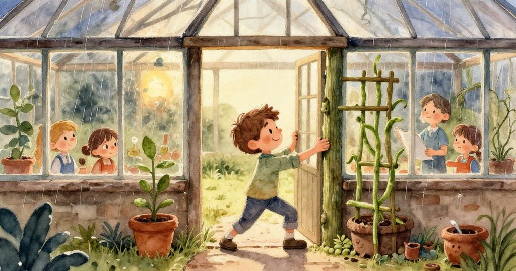 透過破窗，綠植靜觀伊桑修建豆架，窗邊的花草成為他專心努力的無言見證，洋溢趣味溫情。