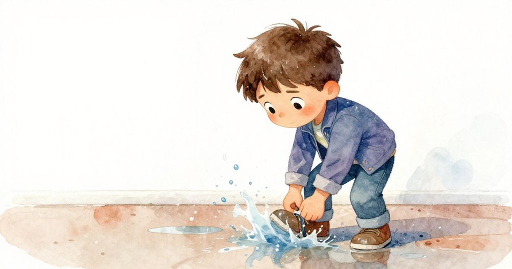 雨水在伊桑鞋邊匯聚，他在濕滑的地面努力調整豆架結構，展現堅持克服自然挑戰的決心。