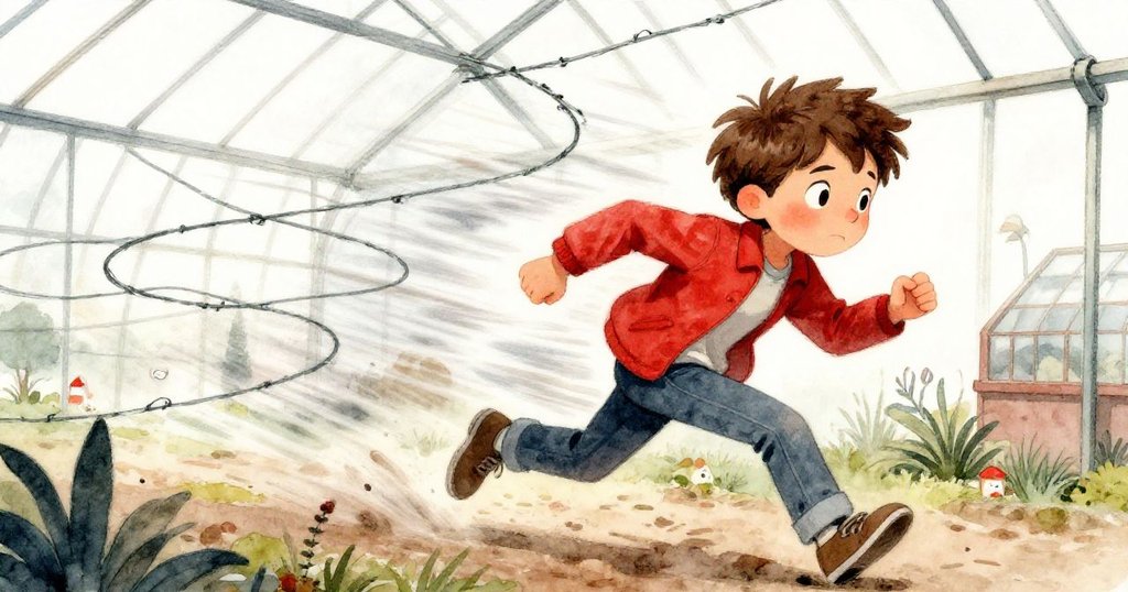 大風掀起半成品鐵網，伊桑急速追趕扭曲鐵絲，他臉上流露出焦急與頑皮拼搏的情緒，場面生動活潑。