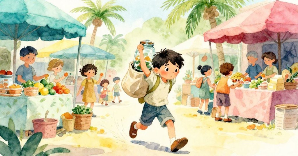 Lucas踏入熱鬧覆蓋市場，手持布袋和玻璃罐，背景中食品攤冒著蒸氣，人群熙攘，神情專注而期待。