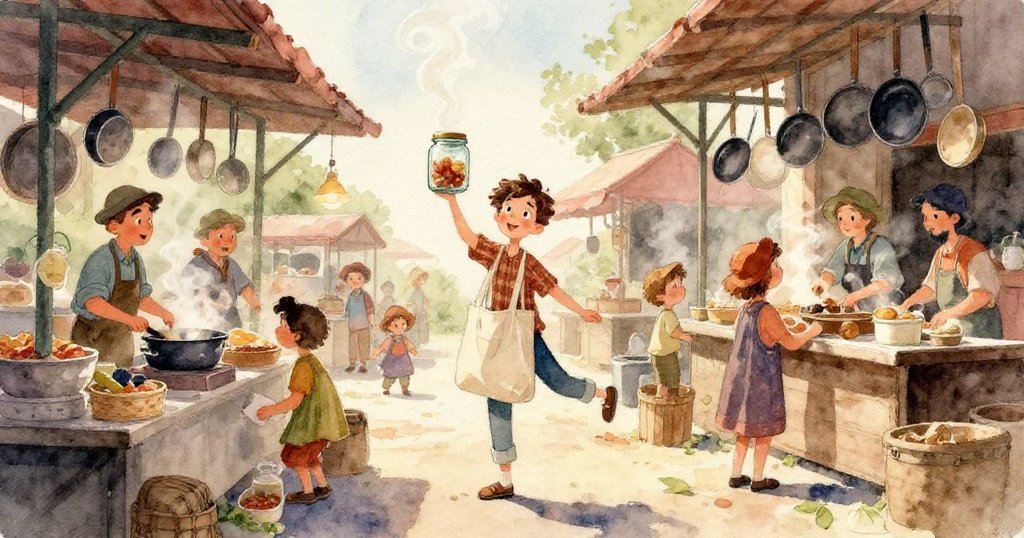 Lucas用溫柔的手保護著光滑金屬蓋的玻璃罐，特寫細節突顯珍愛與專注，在市場背景下情感溫暖。