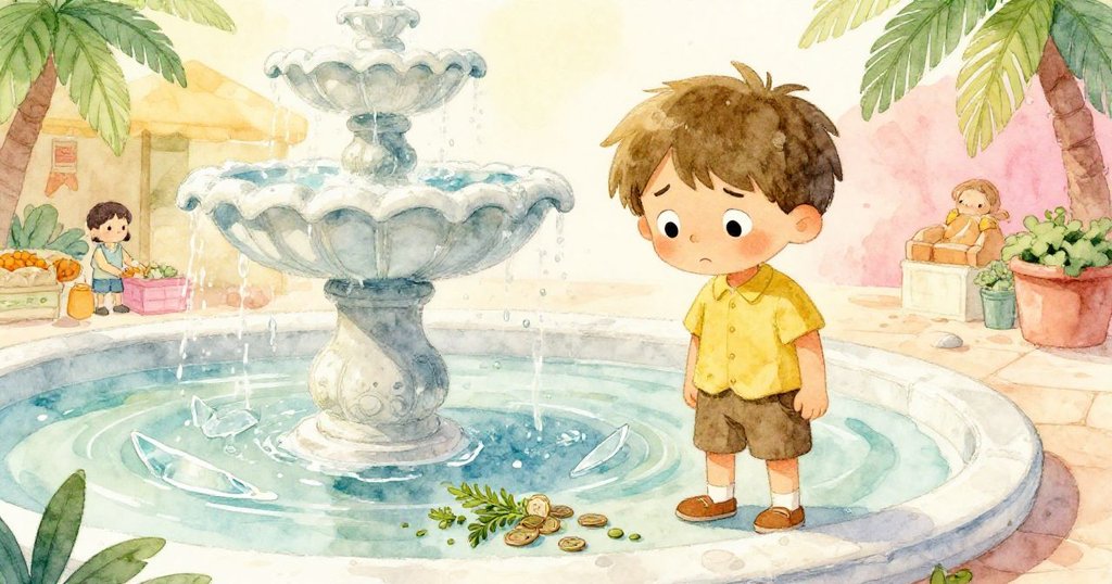 在市場噴泉旁，玻璃罐破碎散落零錢與香草，Lucas憂慮凝望水中反射，場面意外卻充滿溫暖光影。