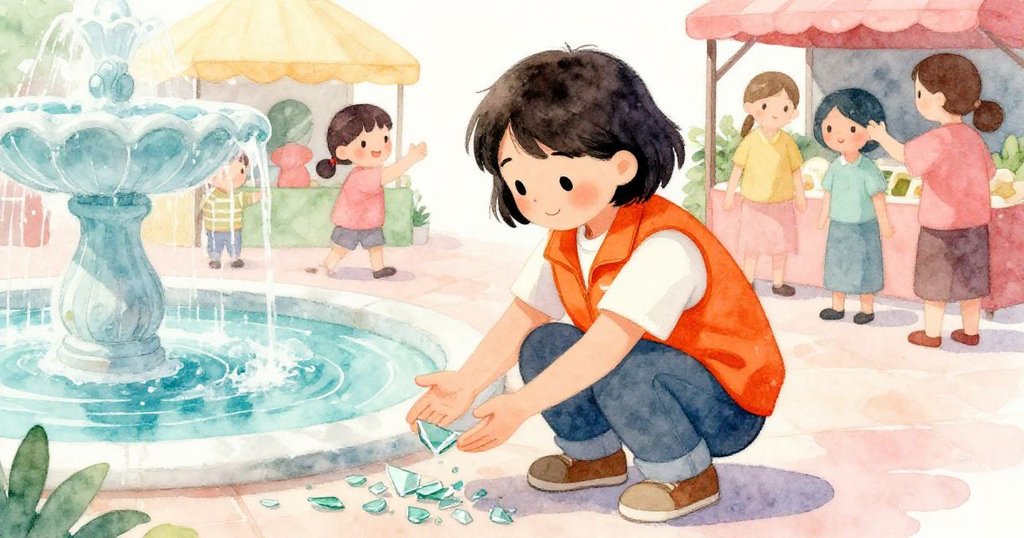 市場中志工穿亮橙色背心蹲下平攤玻璃碎片，購物者環繞協助，溫馨場面中透露出明朗與團結。