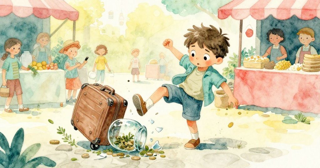 Lucas在市場中因行李箱輪擊中腳跟而失足，布袋滑落玻璃罐滾落石板，場景動感急促卻透露溫暖意境。