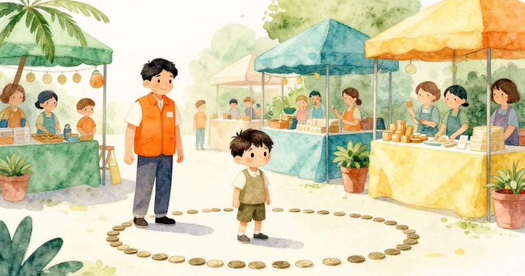 市場恢復秩序場景中，硬幣圓圈閃爍光芒，志工領著Lucas走向社區攤位，眾人滿懷希望微笑，溫暖心情重新綻放。