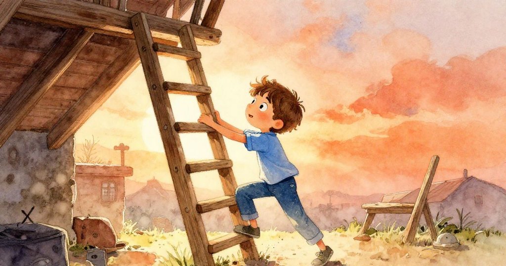 Felix正拉下嘎吱作響的樓梯，進入滿是灰塵的閣樓，背景中堆疊的箱子和光線營造出冒險期待的氛圍。