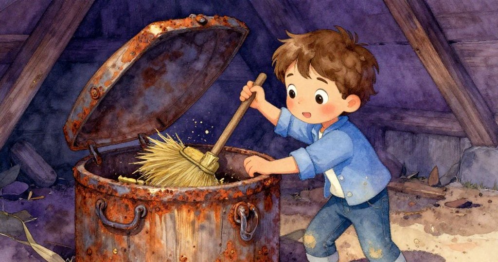 Felix正用掃帚杖撬開生鏽的時光膠囊，細緻呈現古舊木頭和塵埃，充滿神秘與期待的氛圍。