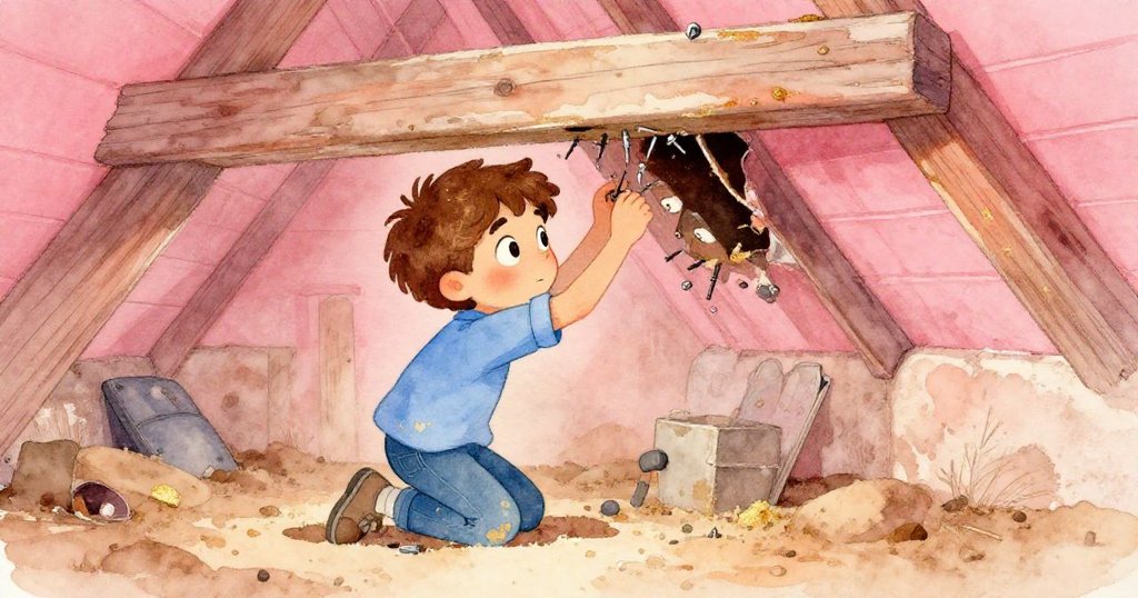 Felix蹲在斑駁的木板上，仔細檢查橫梁下的縫隙，掃除木屑，神情專注而富有決心。