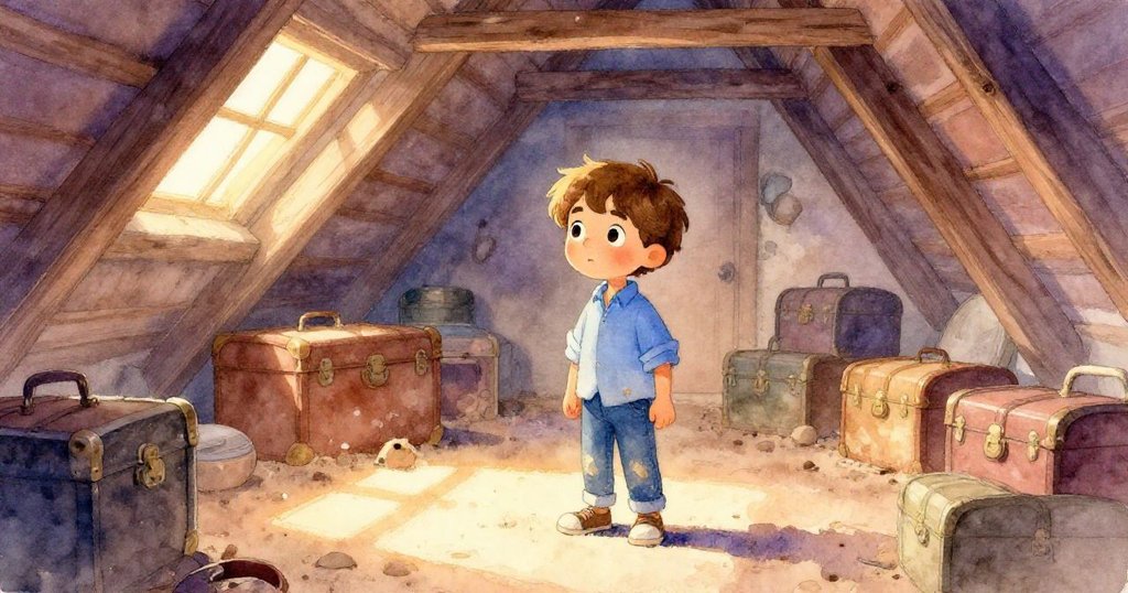 Felix站在堆滿老箱子的閣樓中，光線從明亮轉為柔和，思念爺爺的過往，氛圍充滿回憶與靜謐。