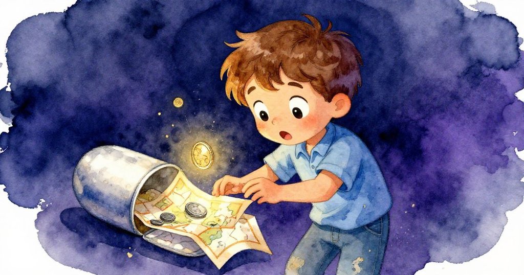 Felix目光驚奇地注視敞開的時光膠囊，裡面有摺疊地圖與銀幣，神情中透露出驚喜與疑惑。