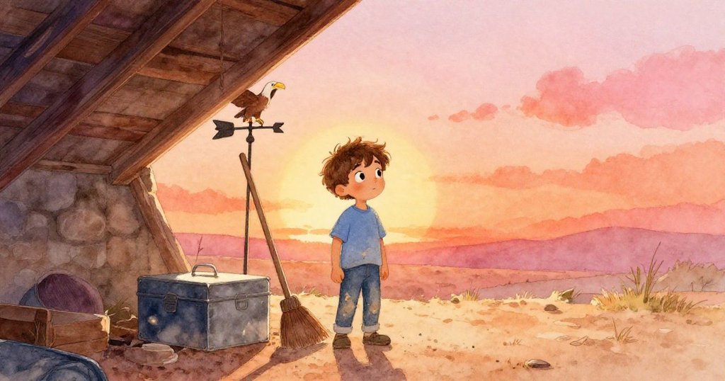 Felix在寧靜的閣樓中站立，輕碰金屬箱和掃帚，外面有展翅的鷹，夕陽柔和，結束午後冒險。