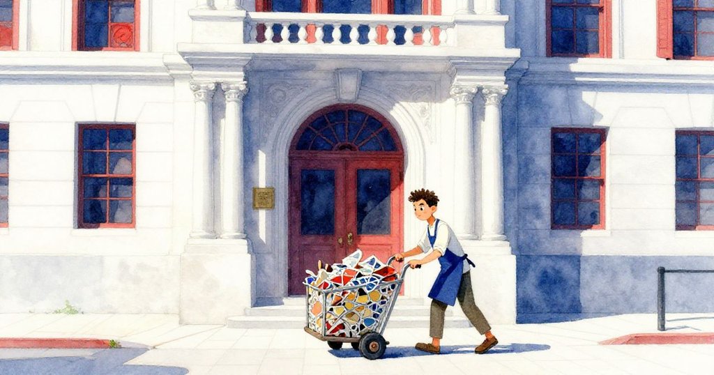 Marco在宏偉大廳中推著裝滿拼貼碎片的手推車，立刻呈現出光影交錯、堅定勇敢的都市現代風格。
