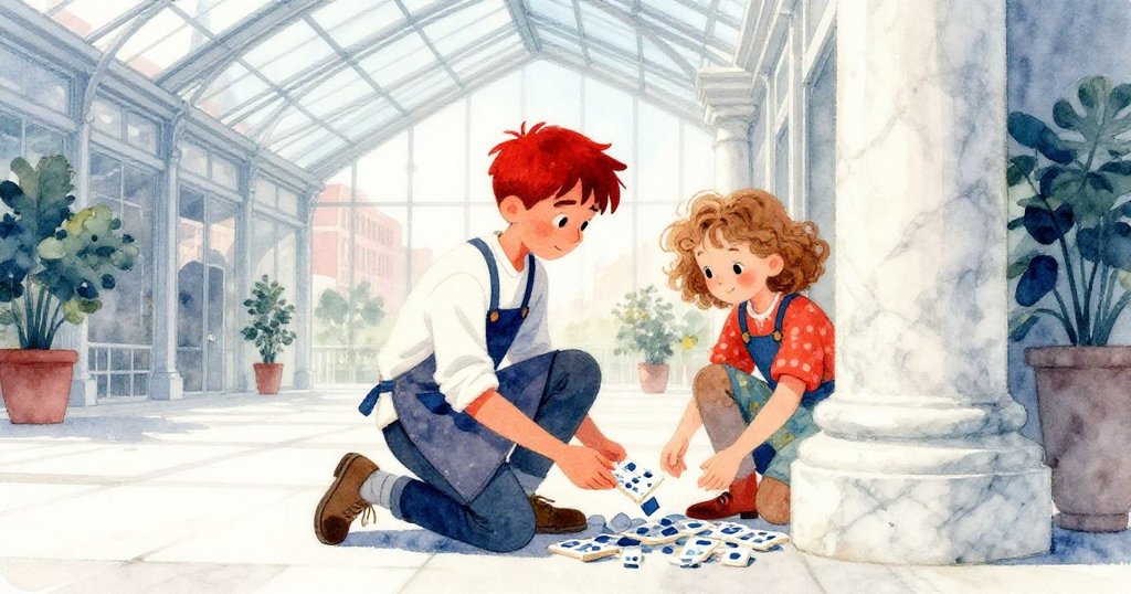 Sloane與Marco在玻璃天井下大理石柱旁彎腰拾起瓷磚碎片，相視微笑，溫暖光線映照著親切合作。